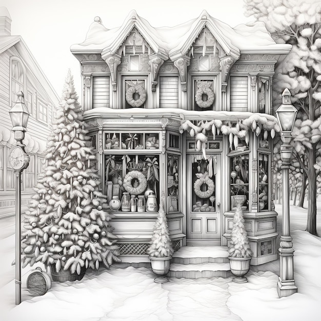 Photo drawing of a house with a christmas tree and wreaths in the front generative ai