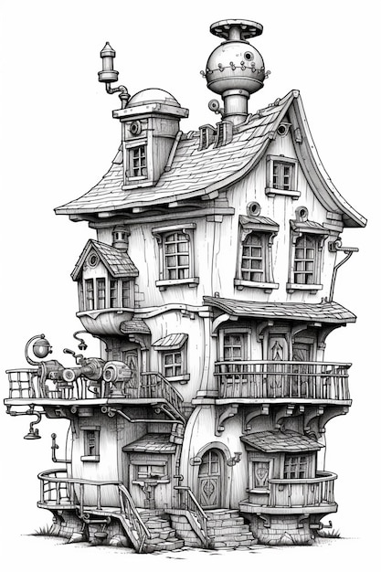 a drawing of a house with a clock on top of it generative ai