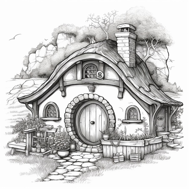 A drawing of a house with a door that says'the hobbit'on it
