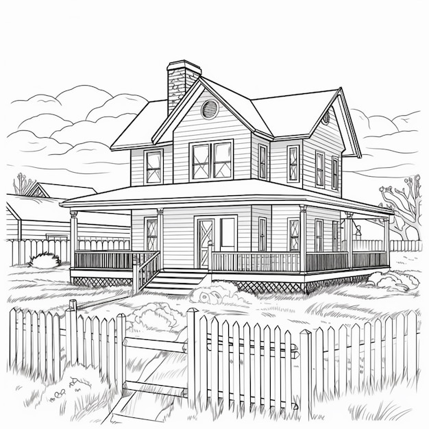 Photo a drawing of a house with a fence and a fenced in yard generative ai