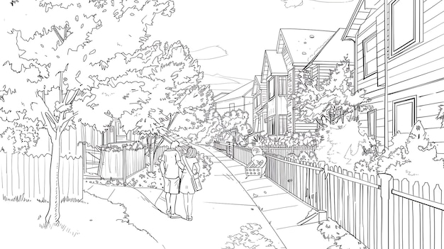 a drawing of a house with a fence and a tree in the background