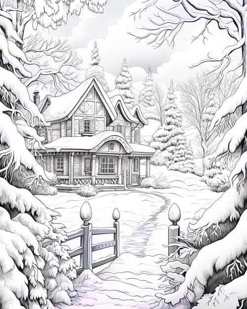 Photo a drawing of a house with a fence and trees covered in snow