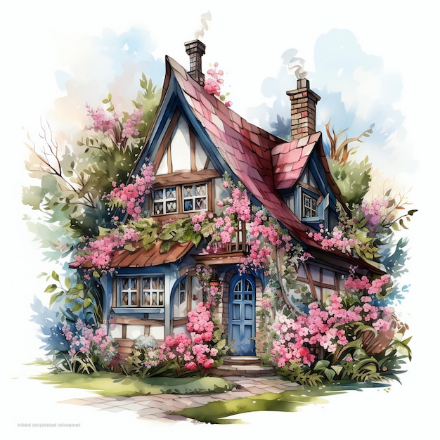 a drawing of a house with flowers and a house in the background.