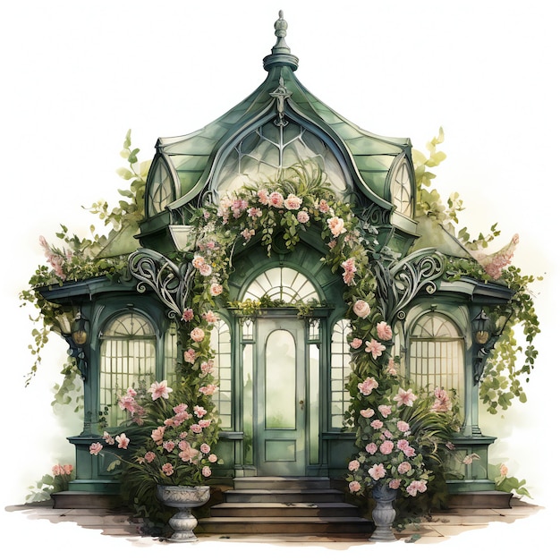 花と「庭」と書かれた看板のある家の絵。