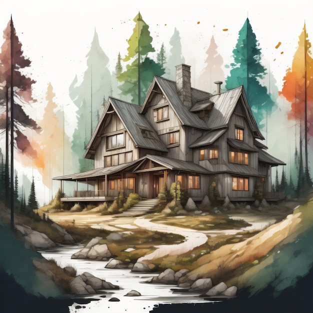 A drawing of a house with a forest in the background.