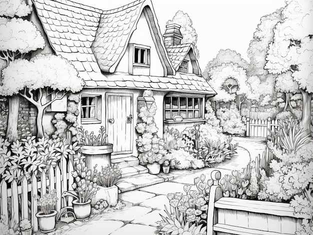 Drawing of a house with a garden and a bench in front of it generative ai