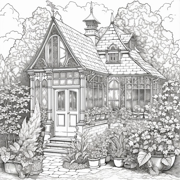 A drawing of a house with a garden and potted plants generative ai