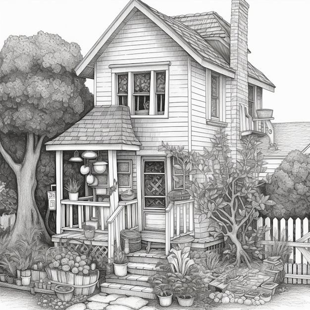 A drawing of a house with a garden and a tree generative ai