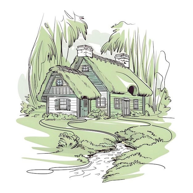 Photo a drawing of a house with a green roof and a river in the background