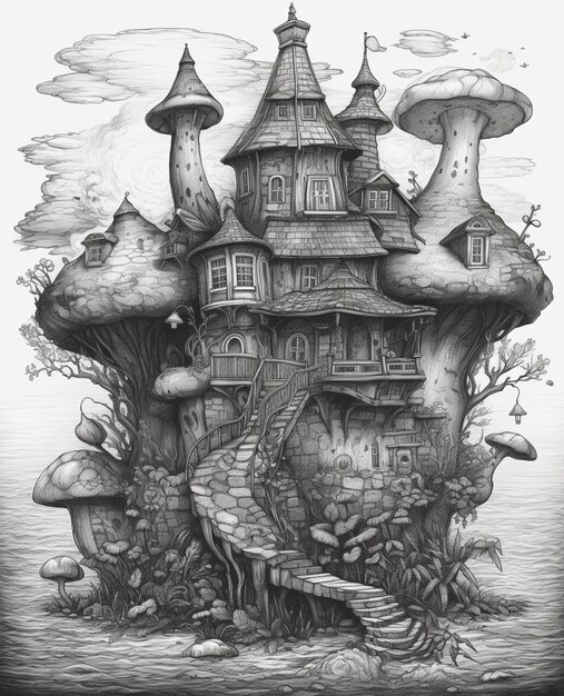 A drawing of a house with a mushroom house on it.