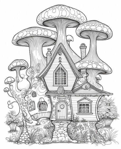 A drawing of a house with a mushroom house on it.