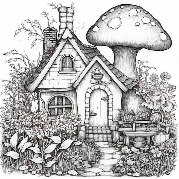A drawing of a house with a mushroom on the roof generative ai