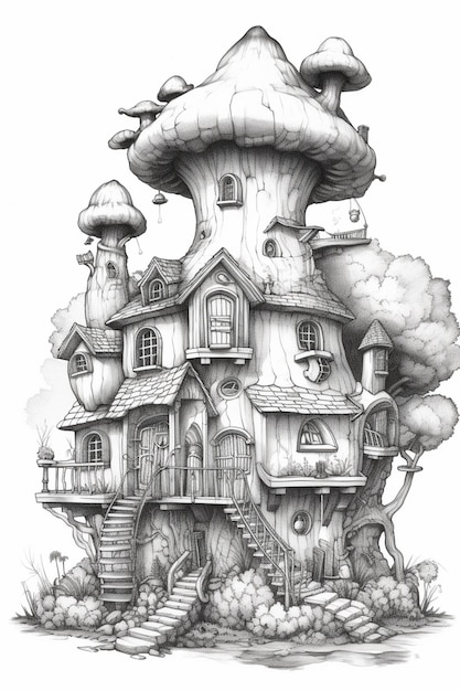 A drawing of a house with a mushroom roof and a staircase generative ai