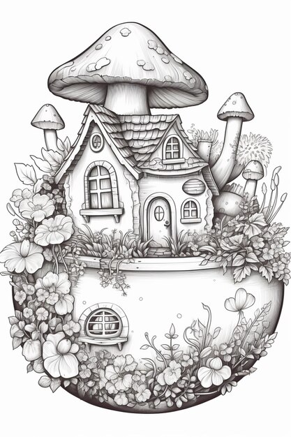 a drawing of a house with a mushroom on top of it generative ai