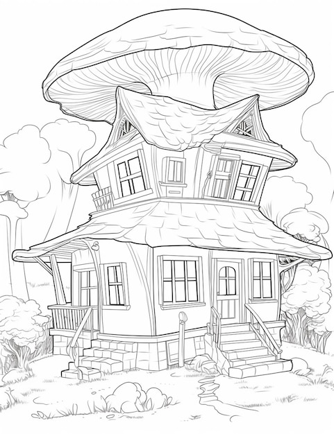 A drawing of a house with a mushroom on top of it generative ai