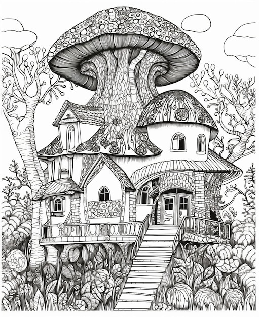 A drawing of a house with a mushroom on the top.