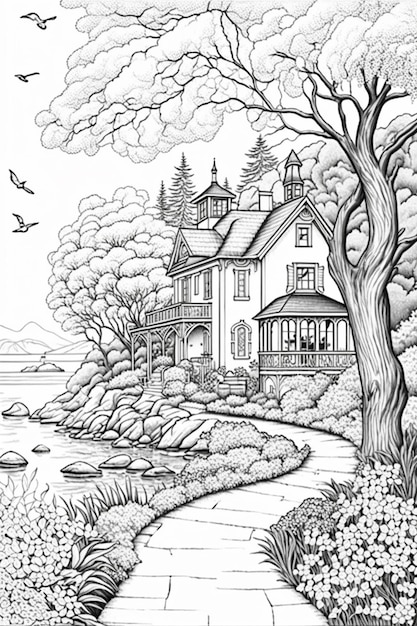 A drawing of a house with a pathway leading to a lake generative ai