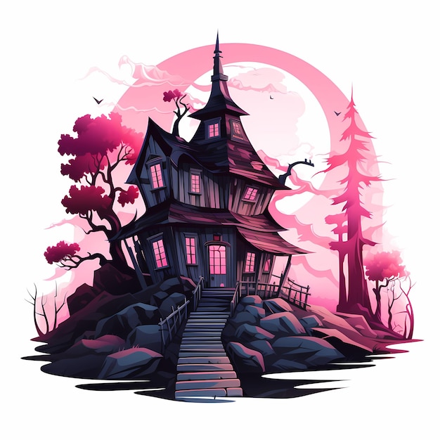 A drawing of a house with a pink sky and trees in the background.