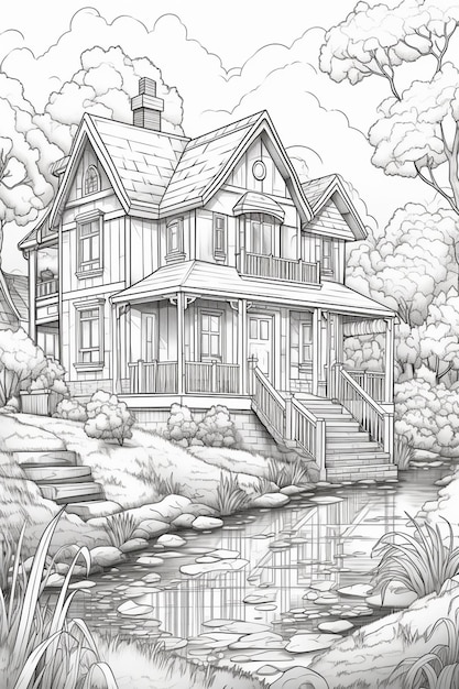 A drawing of a house with a pond in front of it generative ai