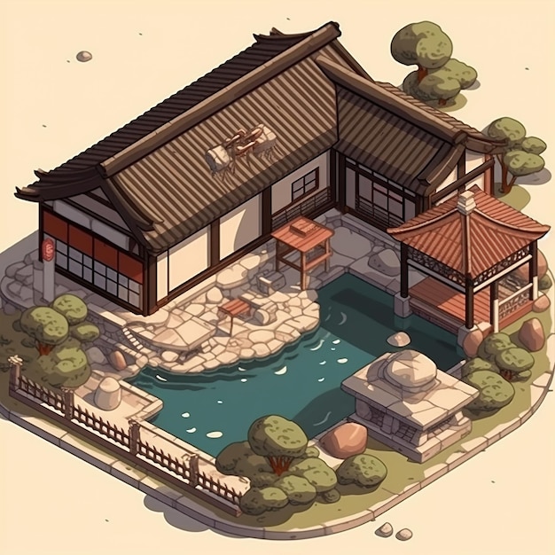 A drawing of a house with a pool in front of it.