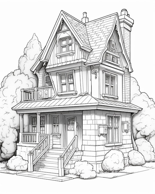 a drawing of a house with a porch and a porch generative ai