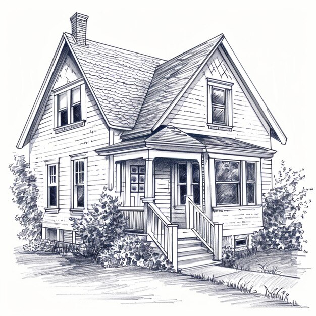 a drawing of a house with a porch and a porch