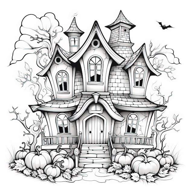 a drawing of a house with a pumpkin on it