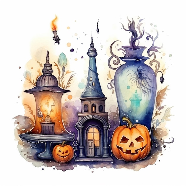 A drawing of a house with a pumpkin and a lantern