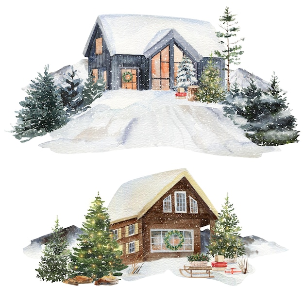 a drawing of a house with a snow covered roof and trees