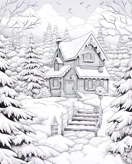 Photo a drawing of a house with a snow covered roof