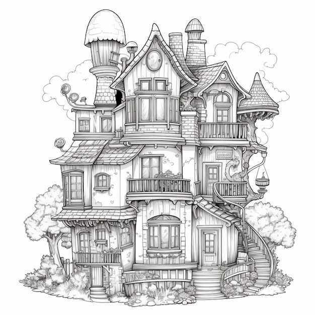 a drawing of a house with a staircase going up to it generative ai