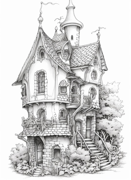 A drawing of a house with a steeple and a staircase generative ai