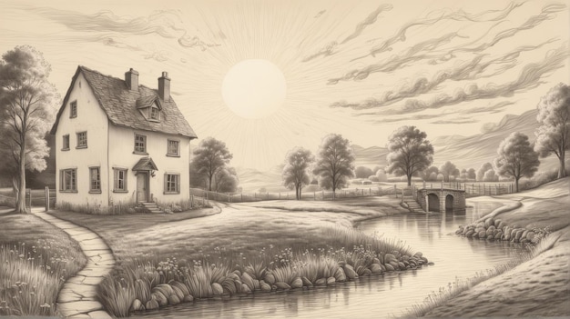 Photo a drawing of a house with a sun setting behind it