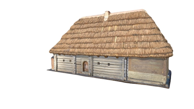 A drawing of a house with a thatched roof.