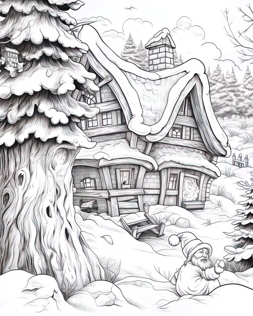 Photo a drawing of a house with a tree in the corner