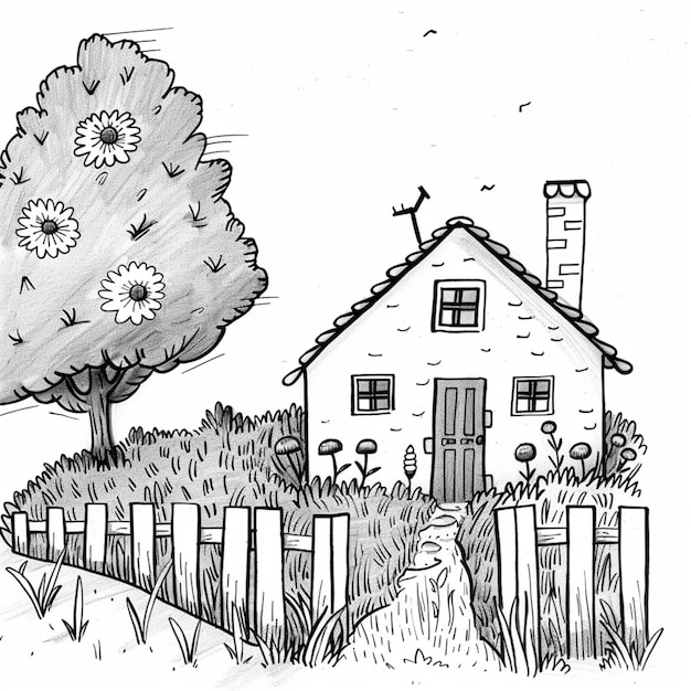 Photo drawing of a house with a tree and fence in the front yard generative ai