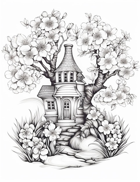 a drawing of a house with a tree and flowers in front of it generative ai