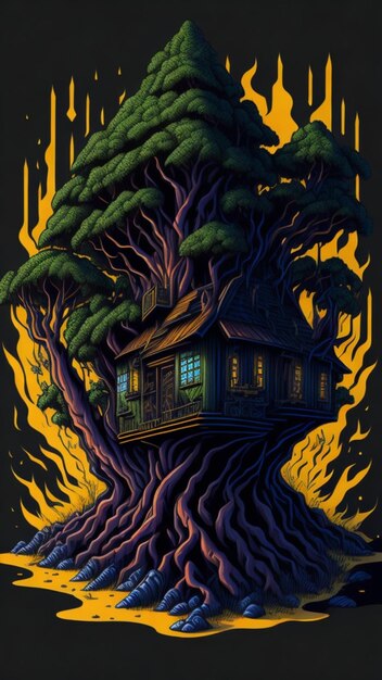 A drawing of a house with a tree growing out of it