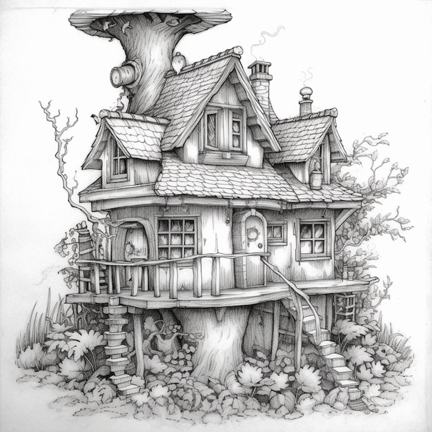 A drawing of a house with a tree on the roof generative ai