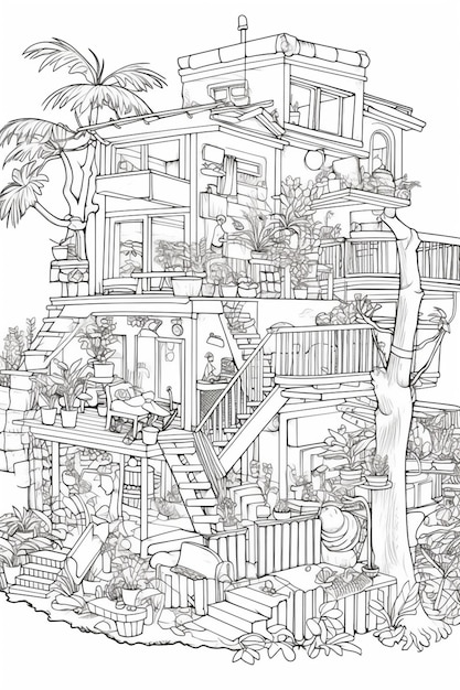 A drawing of a house with a tree and a staircase generative ai