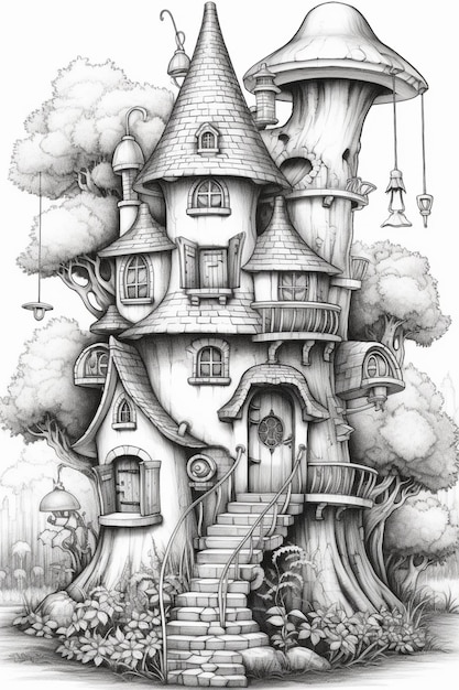 a drawing of a house with a tree on the top generative ai