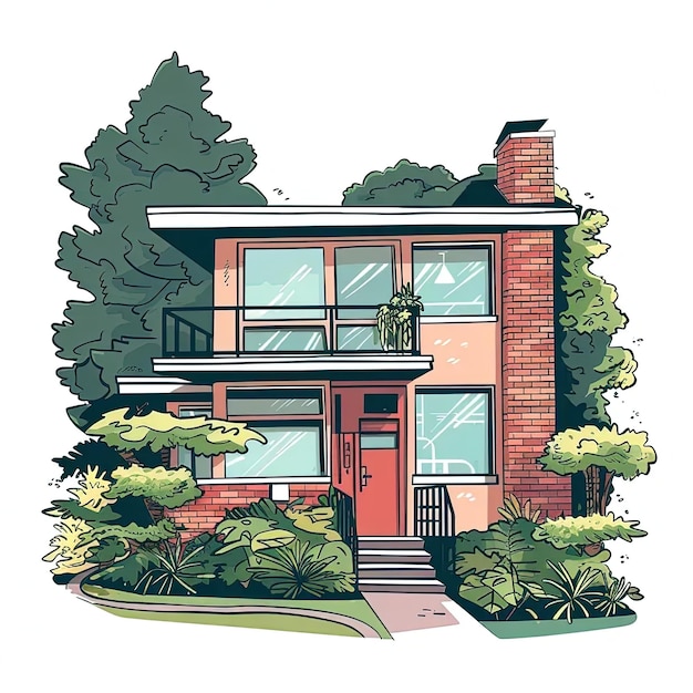 A drawing of a house with trees and bushes