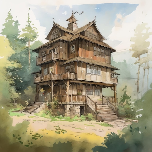 A drawing of a house in the woods