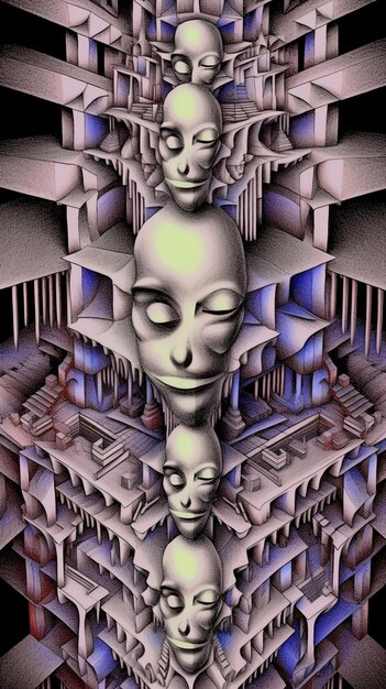 a drawing of a human head and a cross in the middle of a maze