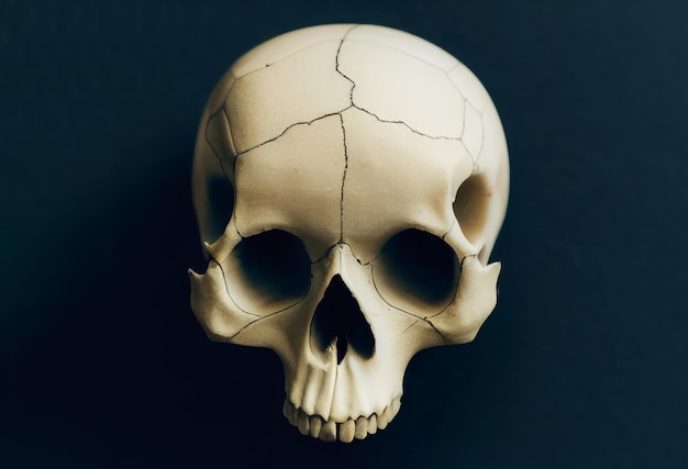 Photo drawing of human skull on the dark background