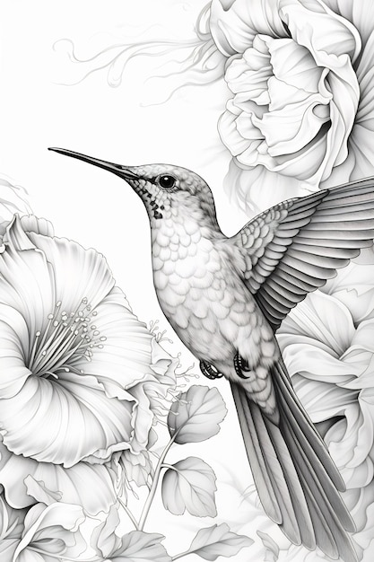 a drawing of a hummingbird with flowers and a bird in the background