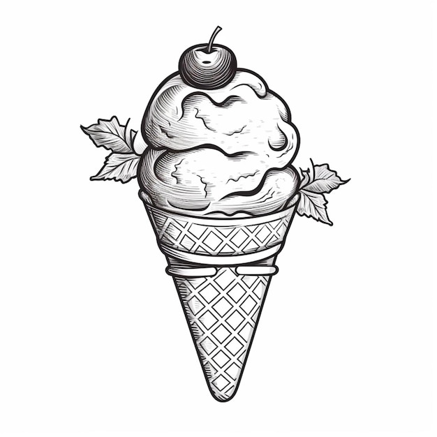 Photo a drawing of a ice cream cone with a cherry on top generative ai