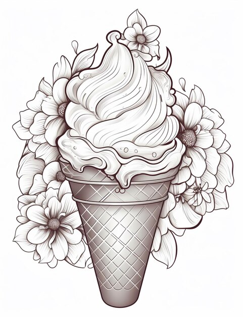 Photo a drawing of a ice cream cone with flowers on top generative ai