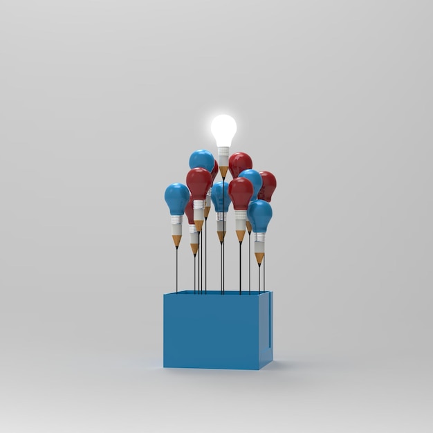 創造的でリーダーシップの概念として、箱の外にアイデアの鉛筆と電球の概念を描くxAxA