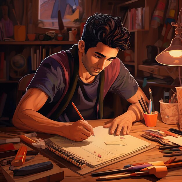 Drawing illustration of man with pencil sketching and painting on a wooden table colorful cartoon